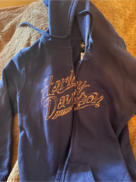 Harley-Davidson Jackets & Blazers - Harley-Davidson Blue Hoodie with Light Tan Logo - Big Moose Portland Maine